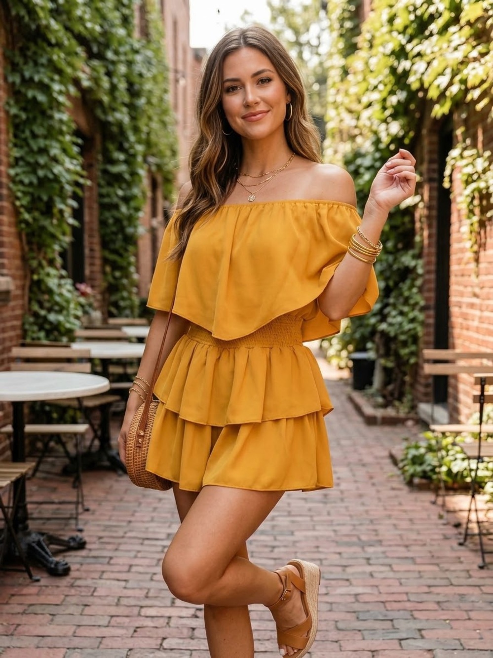 Off-Shoulder Tiered Romper in Mustard Yellow